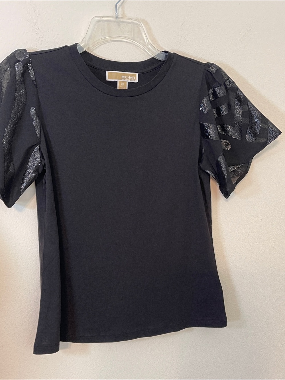 NWT Michael Kors Black Short-Sleeve Top w/ Sheer Sparkly Sleeves